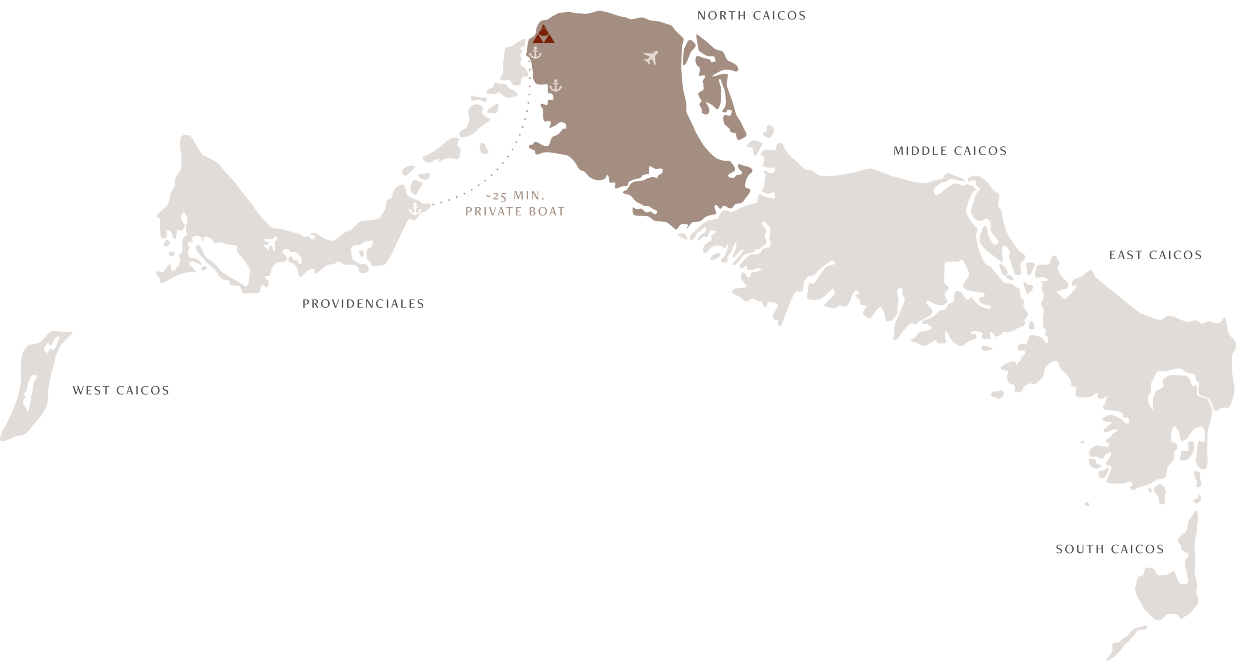Map of North Caicos proximity to Providenciales stating it is a 30 minute boat ride to arrive in North Caicos from Providenciales.